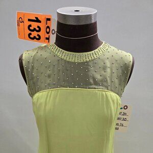 Evening gown, 1960s, lime green with silk-chiffon train, rhinestones in bodice.